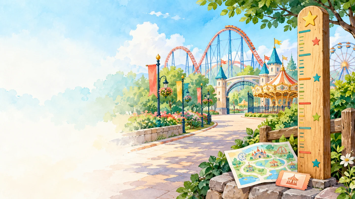 Watercolor theme park entrance, roller coaster, park map, and wooden measuring post