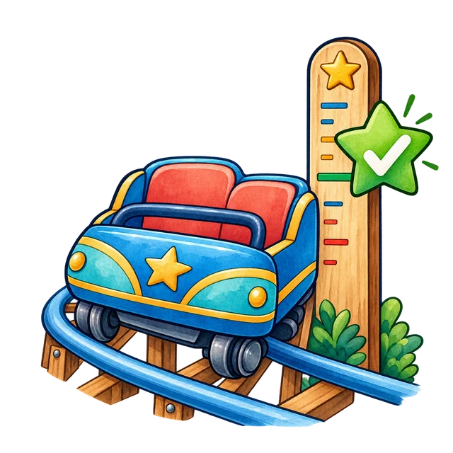 Watercolor roller-coaster car beside a ruler with a green check