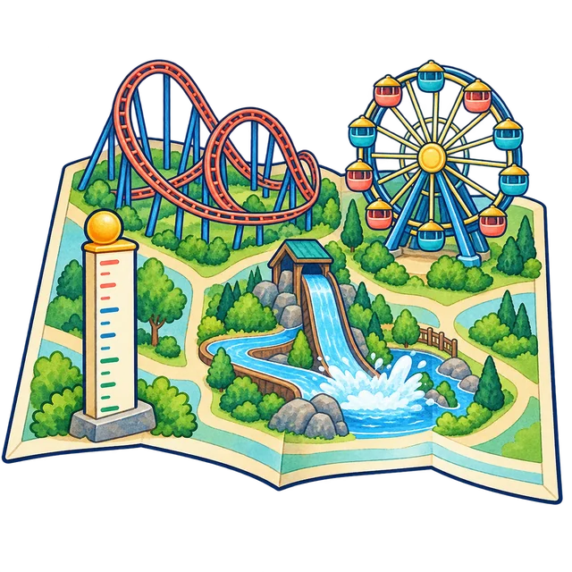Watercolor park map with roller coaster, ferris wheel, water ride, and ruler