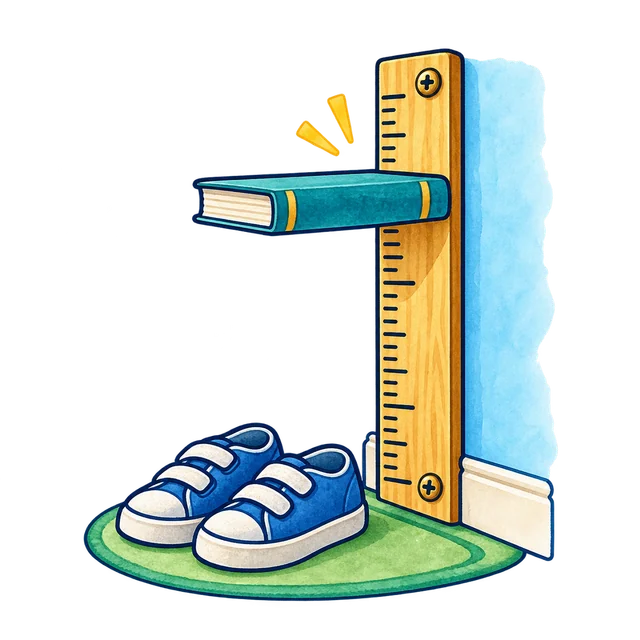 Watercolor wooden height ruler, level book, and shoes beside a wall
