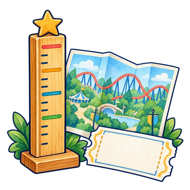 Watercolor measuring post, theme park map, and blank admission ticket