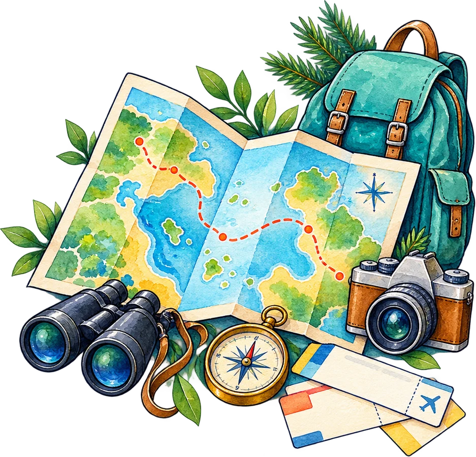 Illustrated family travel planning scene